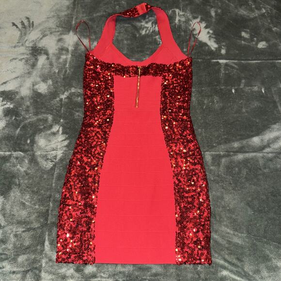 Guess Bodycon Dress Women's Small Red Sequin Halter Neck Cocktail Showgirl Glam - Picture 2 of 8